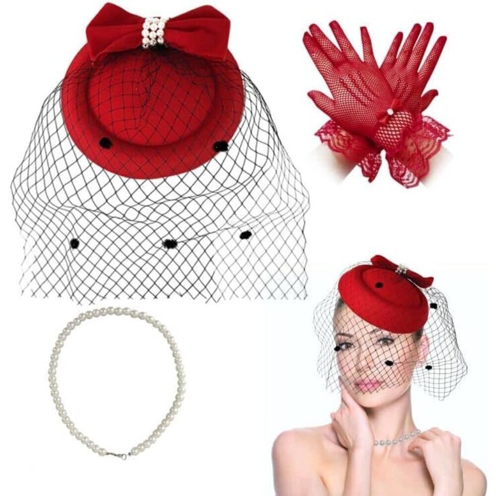 Women's Vintage Tea Party Hat Set Mesh Veil Lace Gloves Pearl Necklace Red